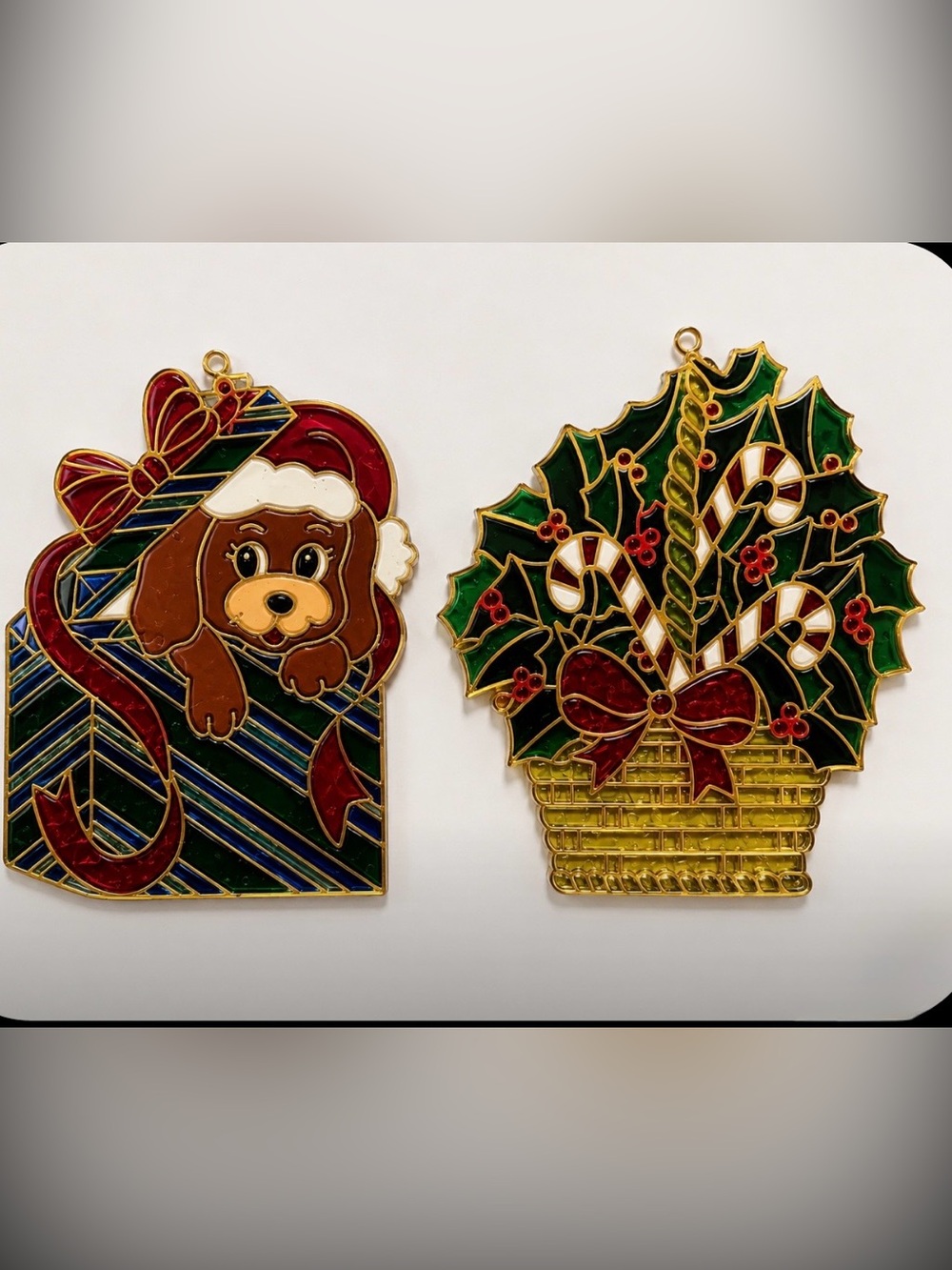 Vintage 80s Christmas Plastic Stained Glass Suncatchers (2) Window Hanging Decor